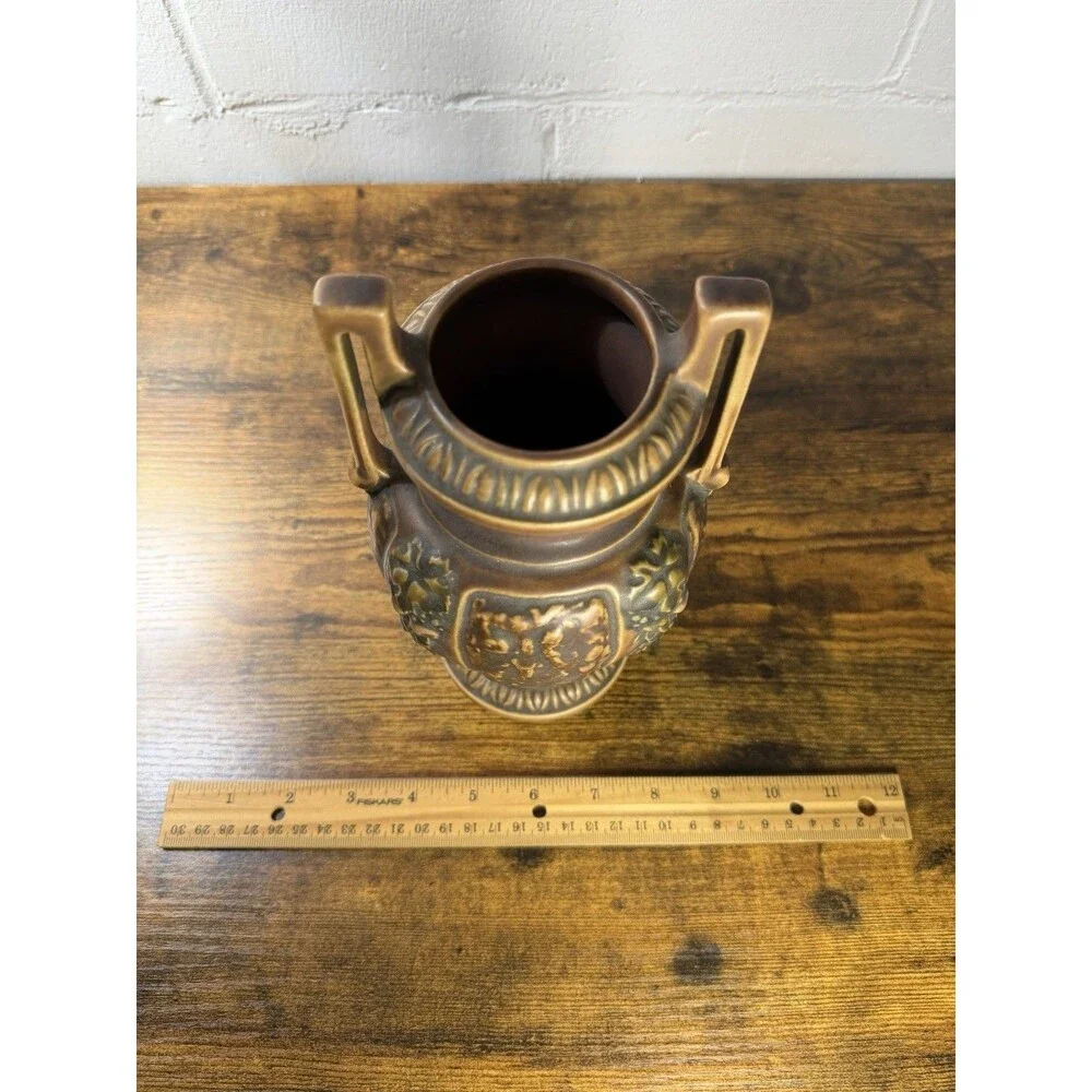 Roseville Pottery Grapevine Amphora Vase Double Handle Brown Art Pottery 8.5”